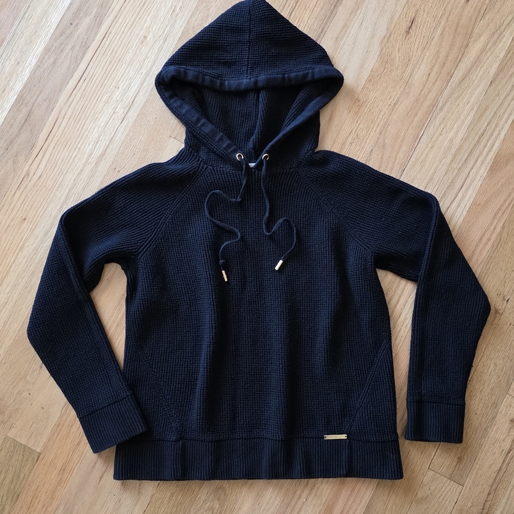 Michael Kors Black Pull Over Hooded Sweater Waffle Knit Hoodie